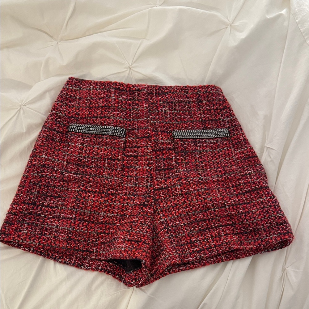 Maje Red Tweed High Waist Shorts